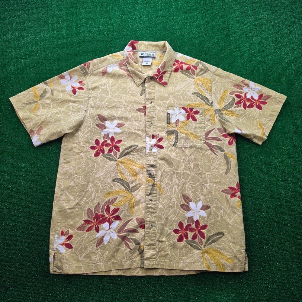Vintage Columbia Sportswear Hawaiian Camp Shirt Mens Large Tropical Linen-Cotton